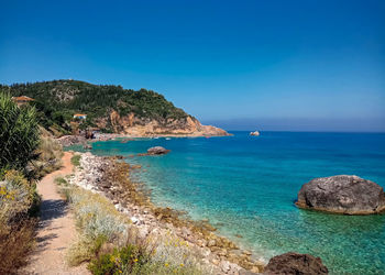 Scenic view of sea against clear blue sky