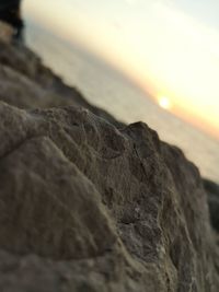 Close-up of rocks on beach against sky during sunset