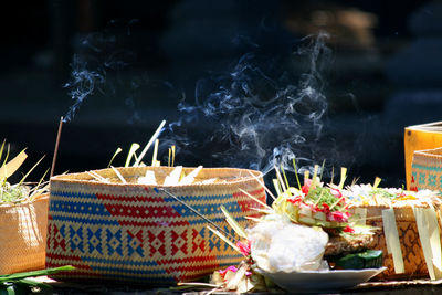 Close-up of religious offerings at temple