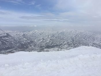 Snow covered landscape against sky