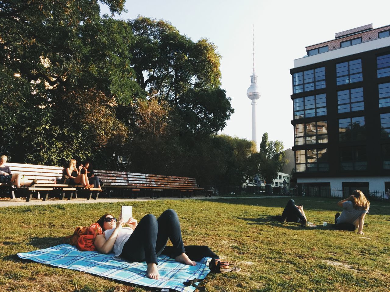 lifestyles, tree, leisure activity, men, building exterior, person, sitting, architecture, built structure, relaxation, grass, togetherness, bench, sky, park - man made space, bonding, city, rear view