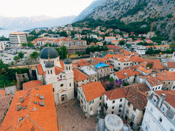 High angle view of townscape and buildings in city