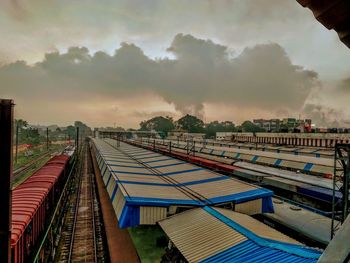 High angle view of train against sky during sunset