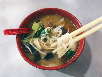 Close-up of noodle soup in bowl