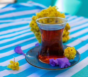 Close-up of tea served on table