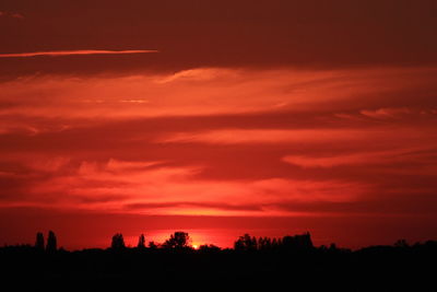 Silhouette trees against dramatic sky during sunset