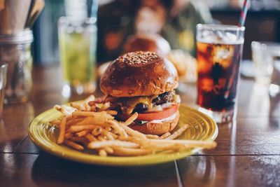 Close-up of burger on table