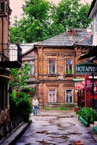 Street amidst trees and buildings in city