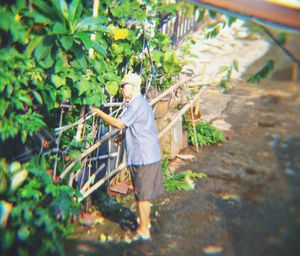 Rear view of man working in farm