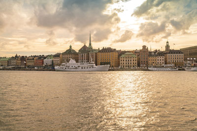 View of skyline of gamla stan by sunset in stockholm in summer