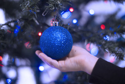 Close-up of hand holding christmas tree