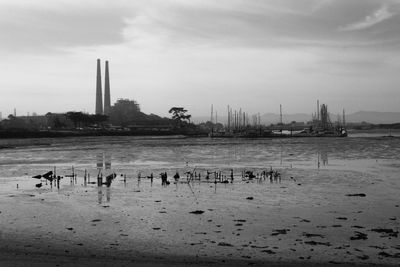 View of birds in sea against cloudy sky with power station