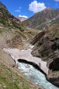 Scenic view of river amidst mountains against sky