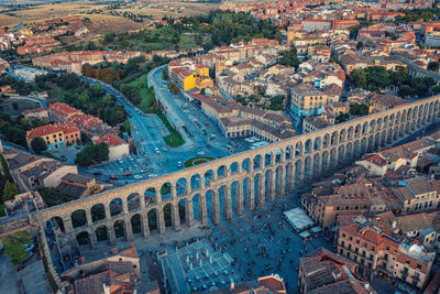 Ancient roman aqueduct in city of segovia in spain