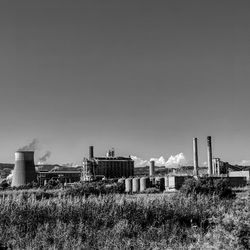 Factory on field against clear sky