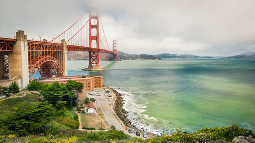 View of suspension bridge over sea