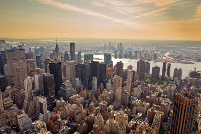 High angle view of cityscape during sunset