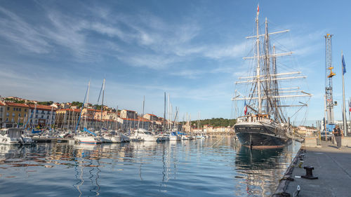 Sailboats moored at harbor