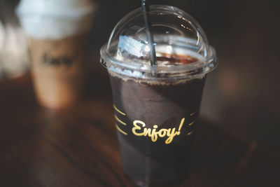 Close-up of drink in glass jar