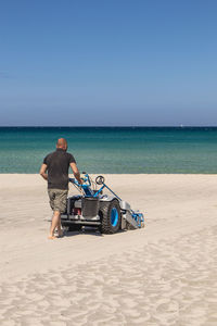 Rear view of man on beach against sky