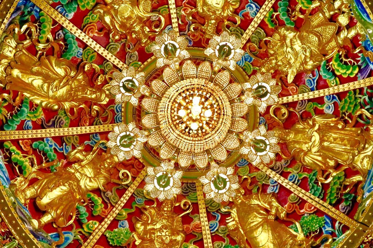 ornate, design, gold colored, no people, multi colored, low angle view, indoors, hanging, close-up, day