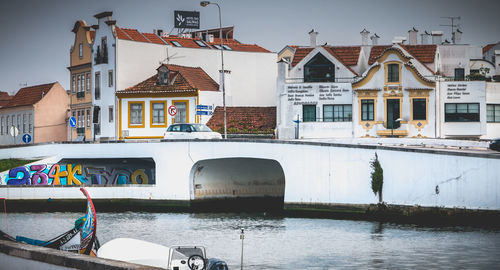 Buildings by river in city