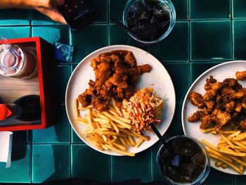 High angle view of meal served on table