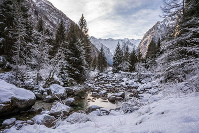 Scenic view of snow covered mountains against sky