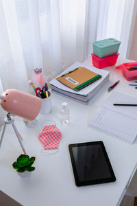 High angle view of laptop on table at home
