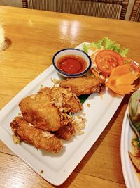 High angle view of food in plate on table