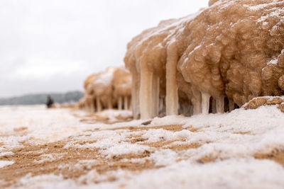 Lying pieces of ice on the seashore, icicles of different sizes, textures of sand and ice 