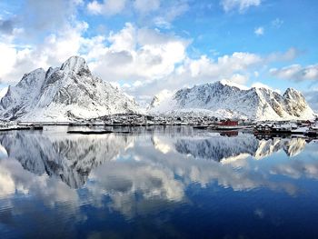 Scenic reflection of snow capped mountains in calm lake