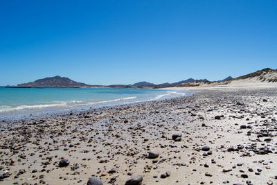 Scenic view of beach against clear blue sky