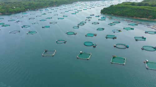Fish farm with cages for fish and shrimp in the philippines, luzon.