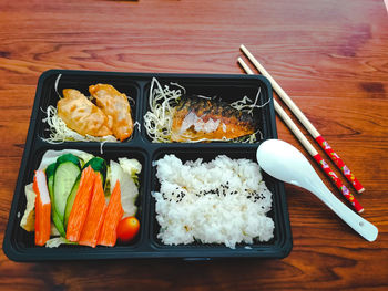 High angle view of sushi served on table