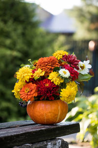 A beautiful autumn bouquet in a pumpkin on a wooden bench in the garden. garden flowers. 