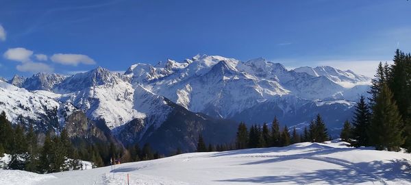 Snow covered mountains against sky