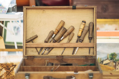 Close-up of objects on wooden surface