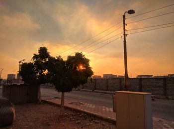 Trees by electricity pylon against sky during sunset