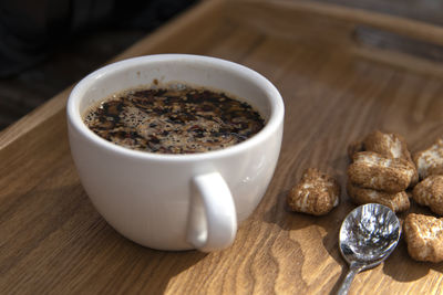 High angle view of coffee on table