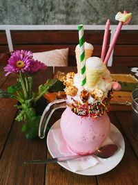 Close-up of ice cream on table