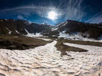 Scenic view of snowcapped mountains against sky