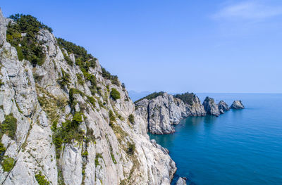 Scenic view of sea against clear blue sky