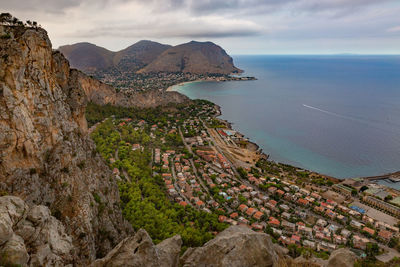 Scenic view of sea and mountains against sky