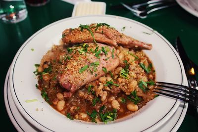 High angle view of food in plate on table