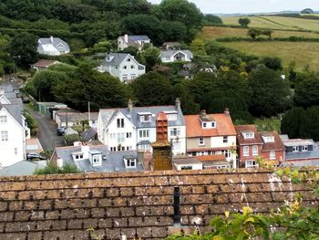 High angle view of houses and trees in village