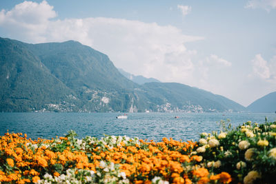 Scenic view of sea and mountains against sky