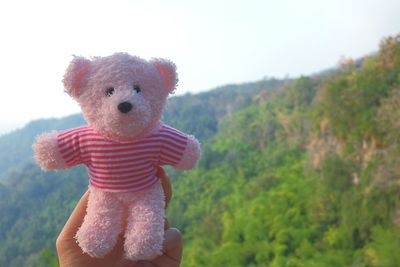 Close-up of human hand holding pink teddy bear against trees