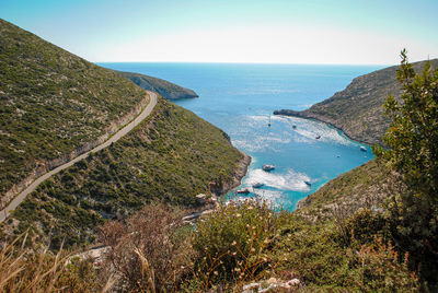 High angle view of bay against sky