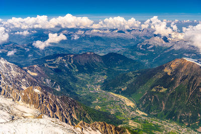 Aerial view of snowcapped mountains against sky